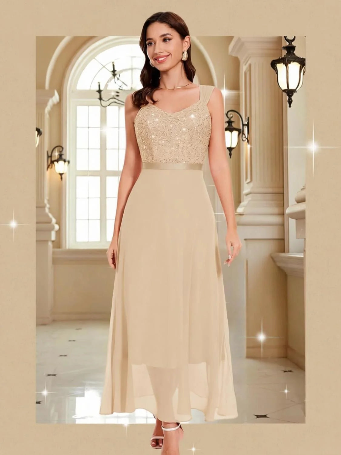 Champagne satin A-line midi dress with V-neck sequin bodice and sleeveless silhouette
