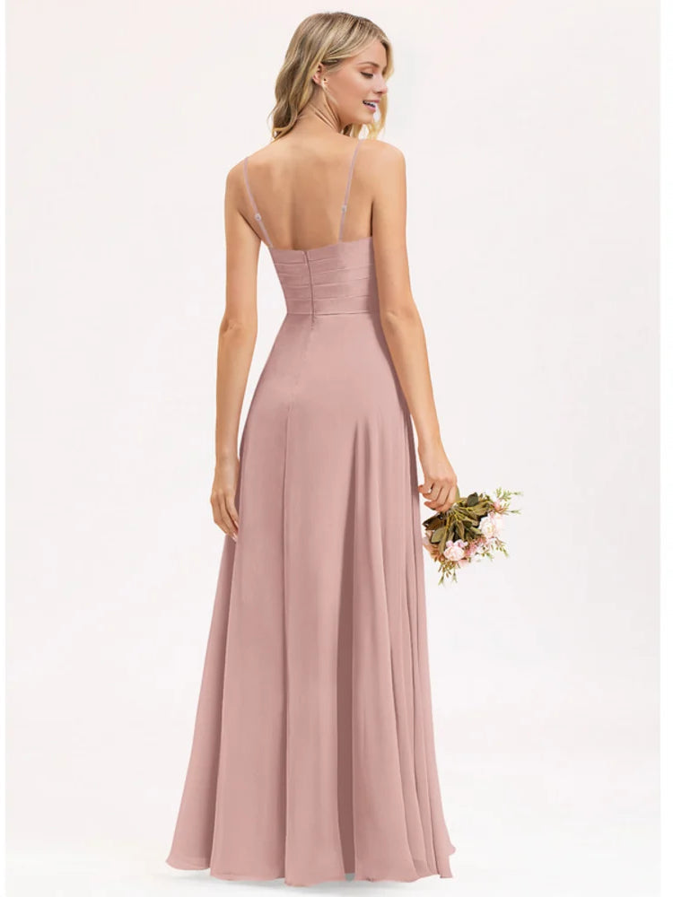 Dusty rose V-neck A-line maxi chiffon dress with thin straps and gathered skirt
