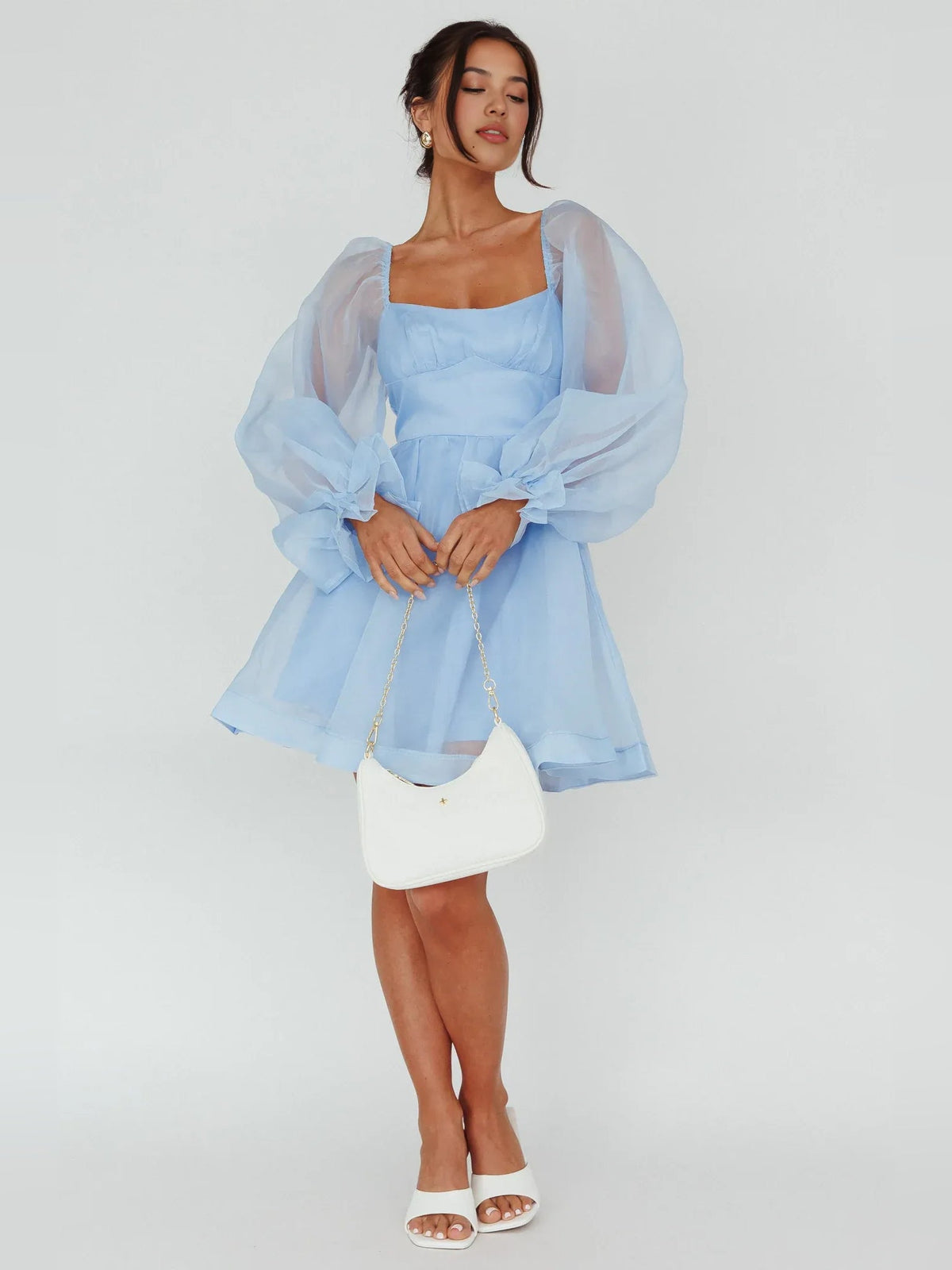 Light blue mini A-line satin dress with sweetheart bodice and bow detail