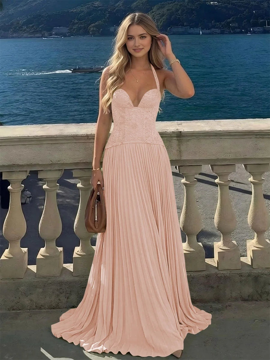 Blush pink pleated sweetheart A-line maxi chiffon dress with corset bodice