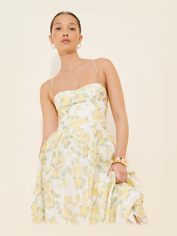 Yellow Floral Print midi formal dress, alternate full-length view showing the waistline
