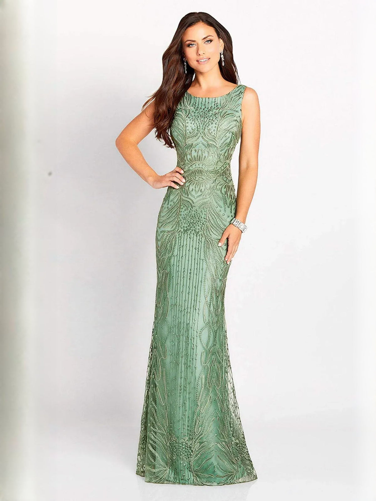 Dusty sage sleeveless beaded floor-length formal dress with fitted mermaid silhouette