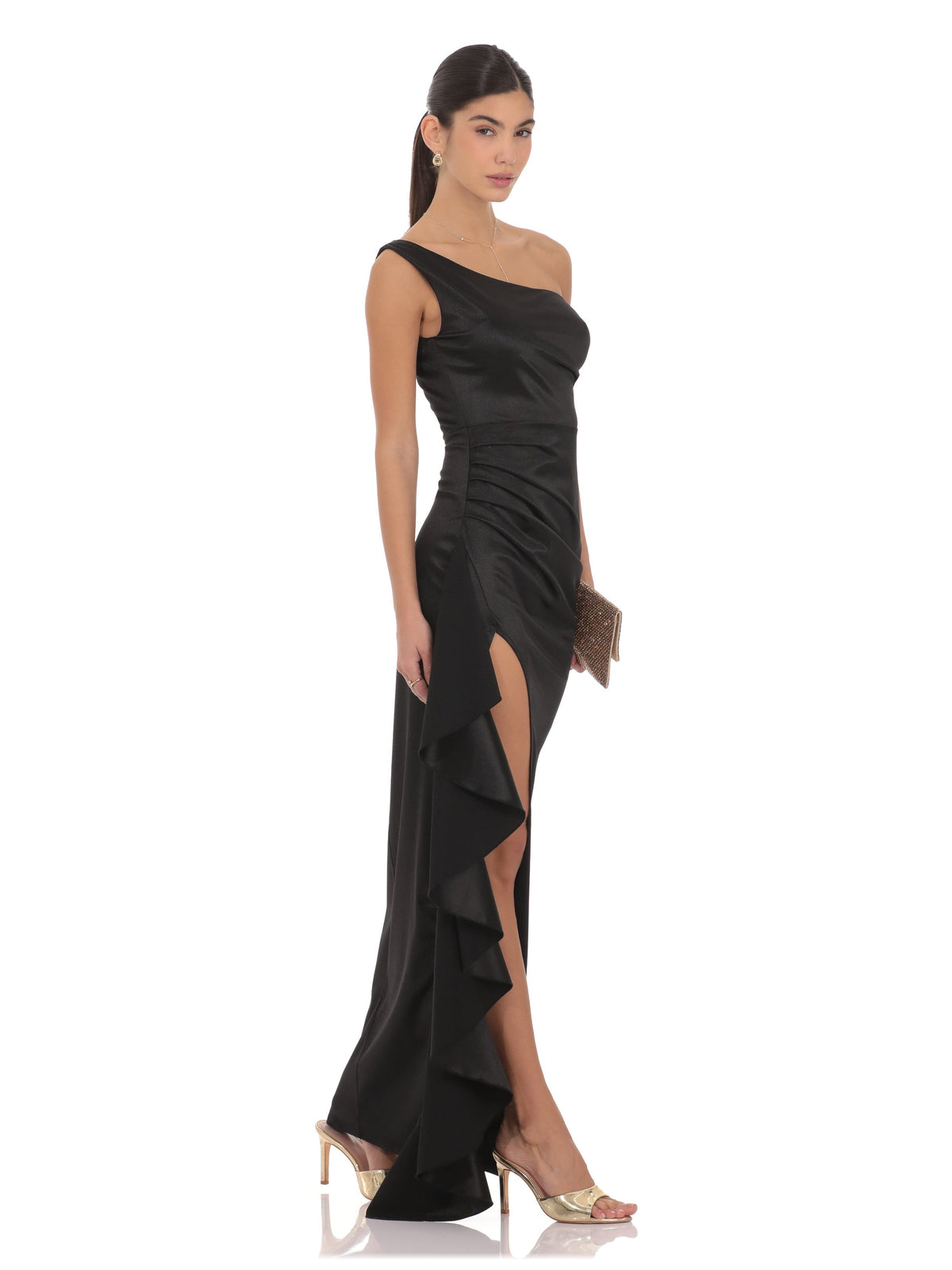 Black bridesmaid dress with satin construction and maxi hem