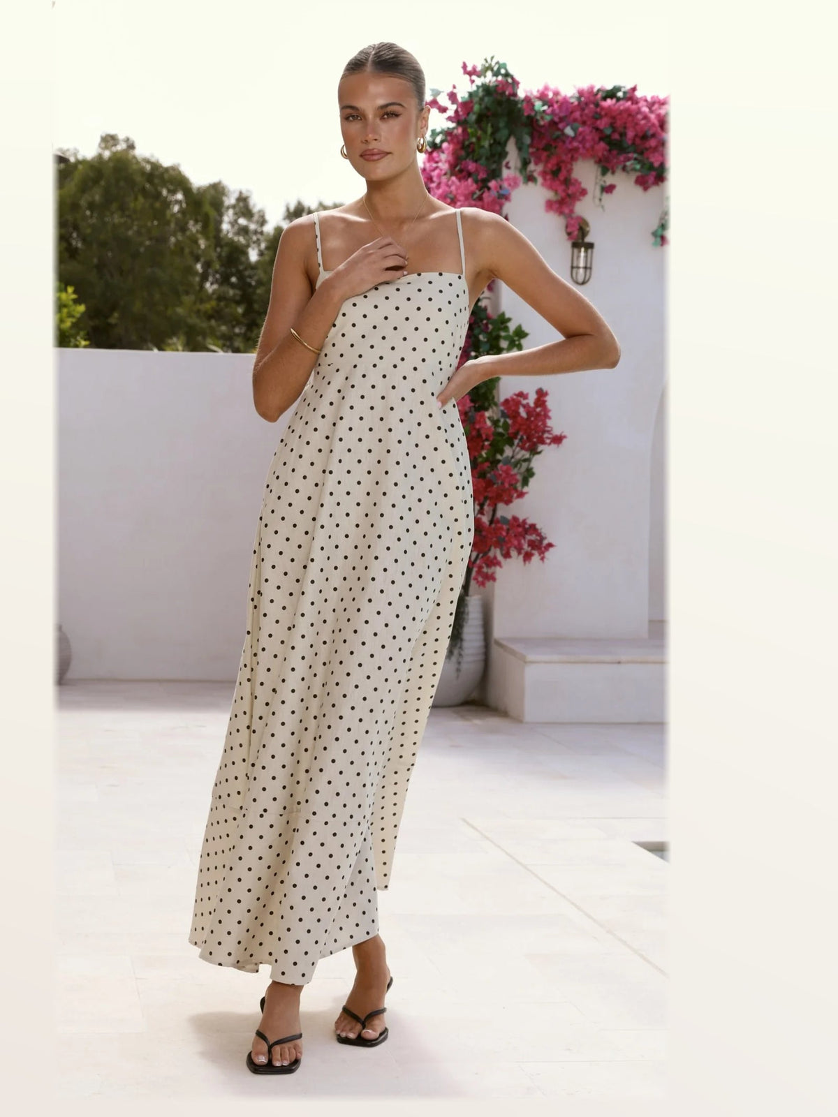 Beige Black Polka Dot maxi formal dress, alternate full-length view showing the waistline
