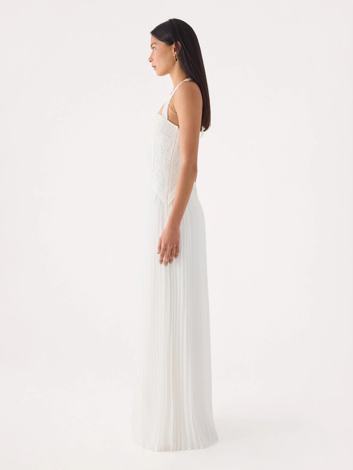 White formal dress with structured woven fabric construction and maxi hem