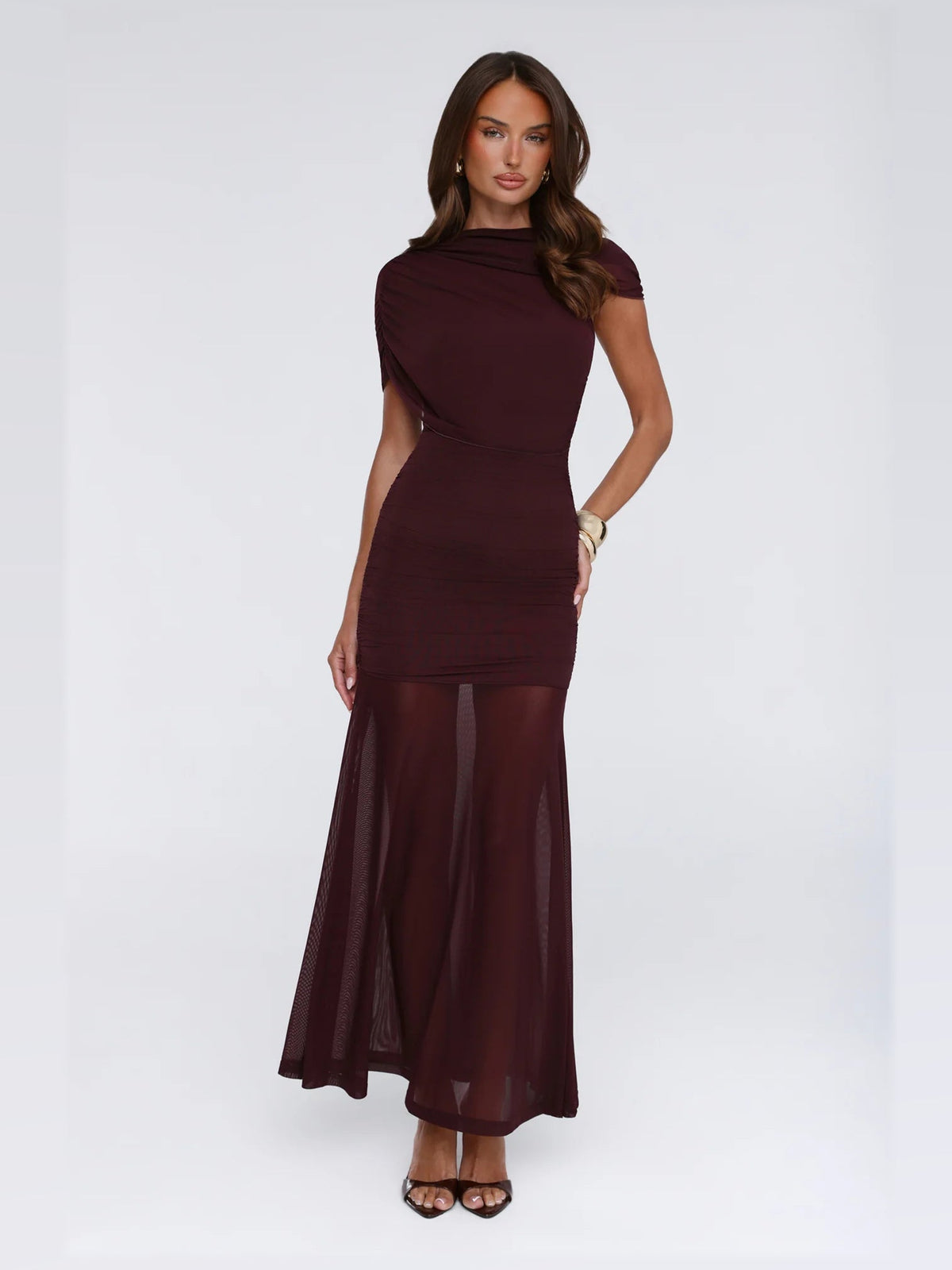 Burgundy maxi formal dress, alternate full-length view showing the waistline
