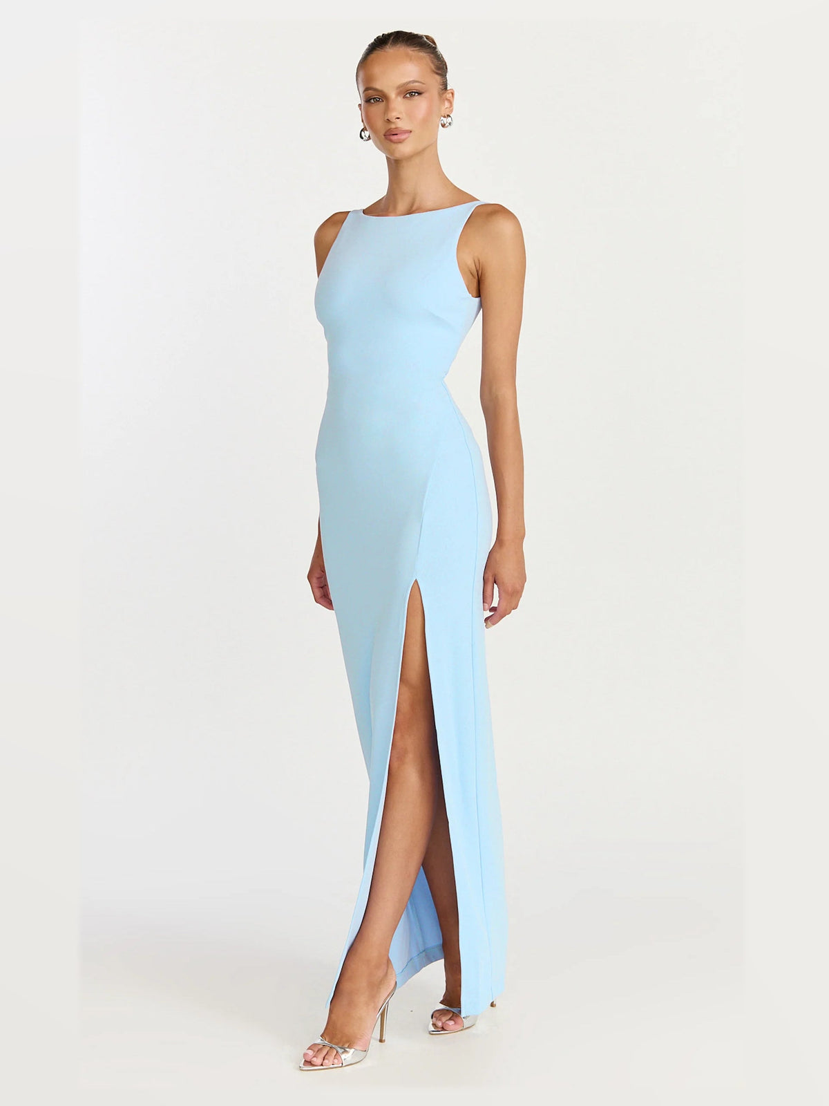 Light Blue maxi formal dress, alternate full-length view showing the waistline