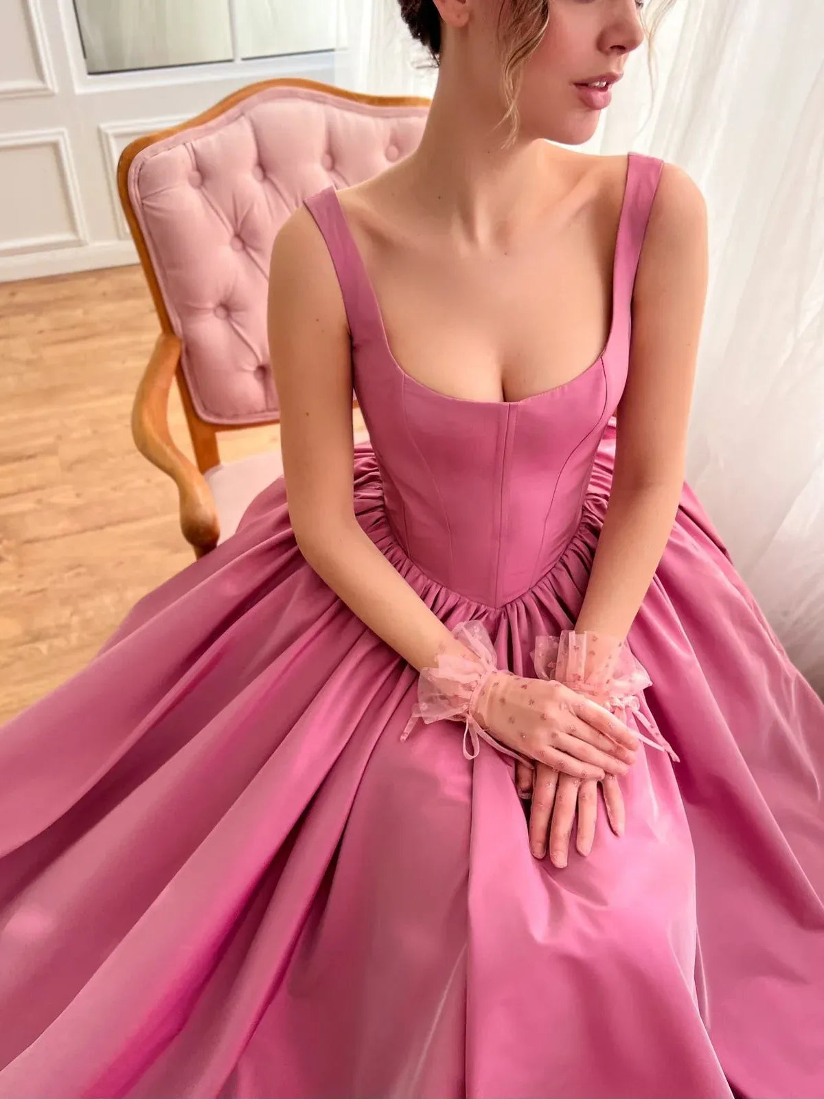 Hot pink satin corset bodice with ruched detailing and sweetheart neckline