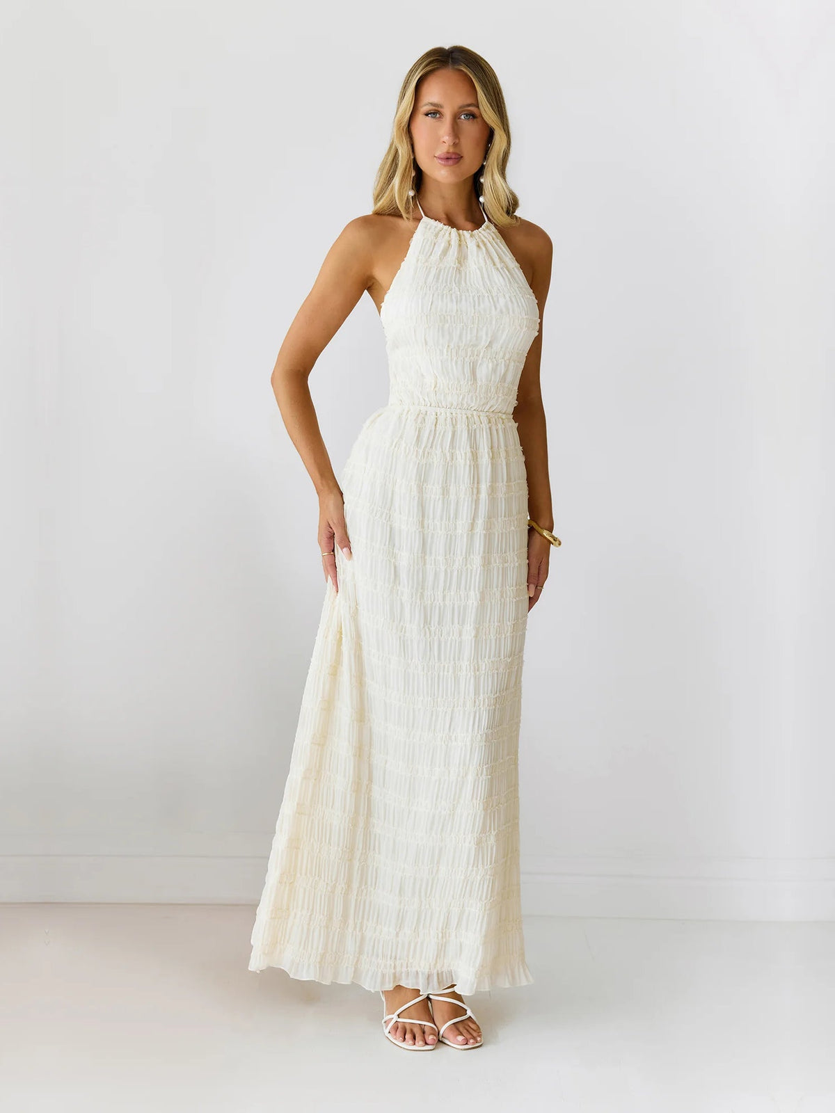 Cream a-line maxi formal dress with halter neckline, alternate view