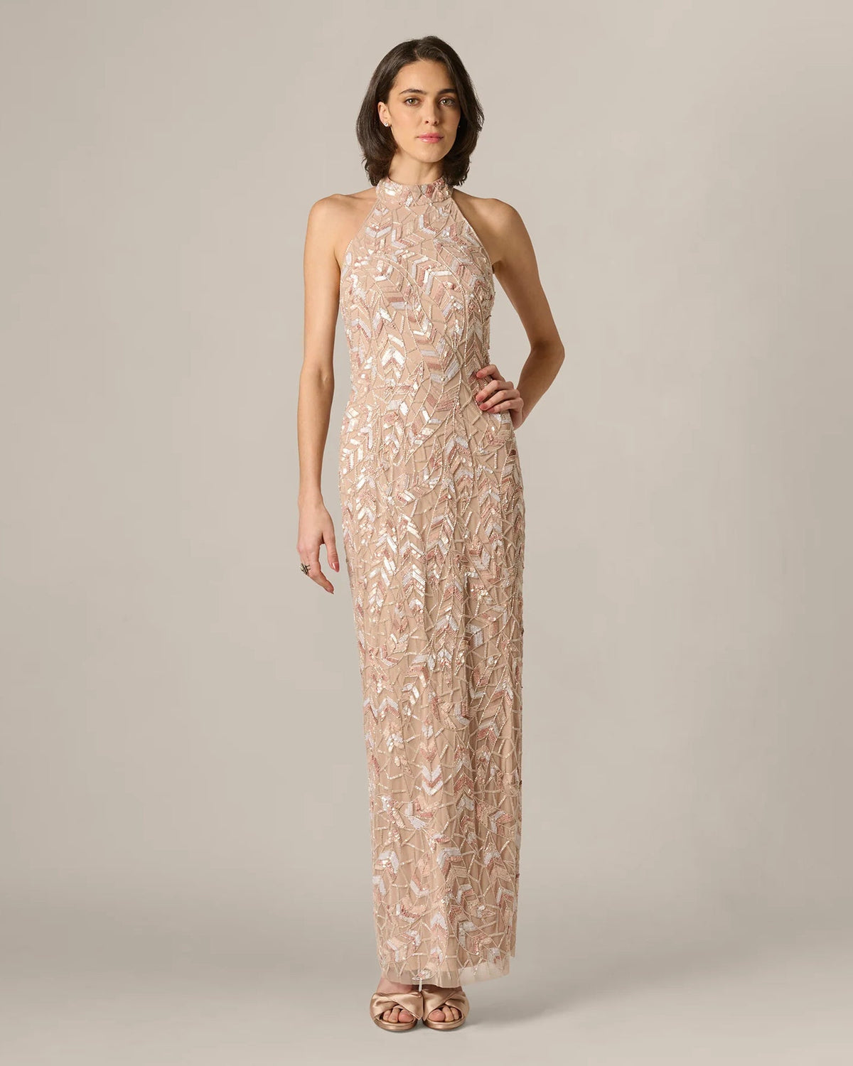 Rose taupe halter neck maxi dress, A-line shape with open back and sequin embellishment
