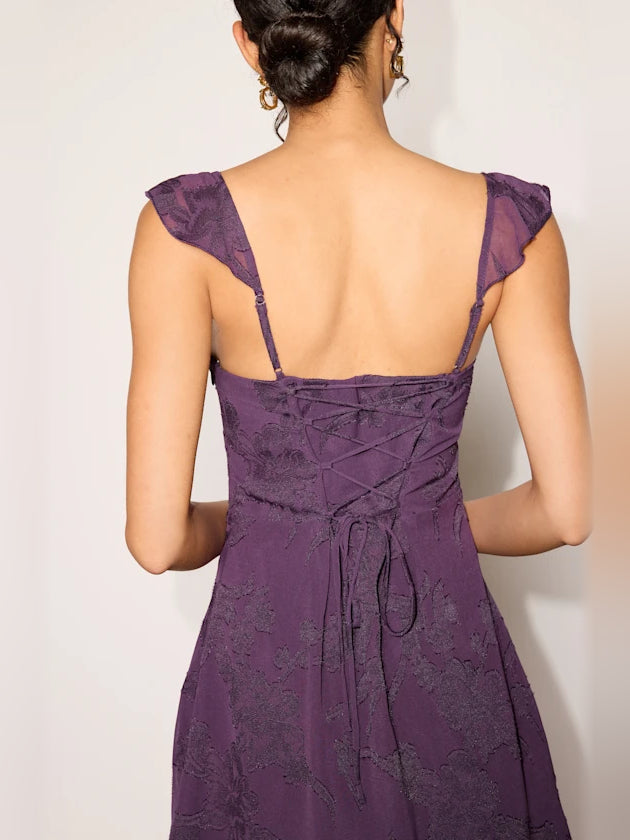 Purple mini dress with floral jacquard, square back, adjustable ruched straps, cap sleeves