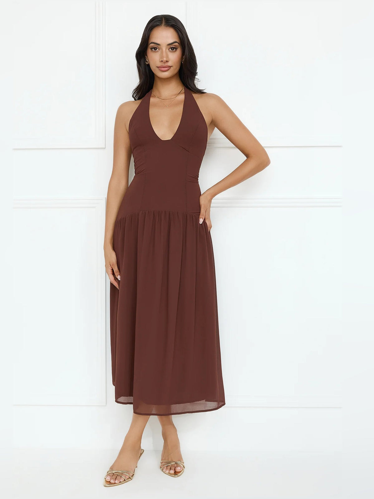Brown sleeveless halter V-neck midi formal dress with tiered gathered skirt