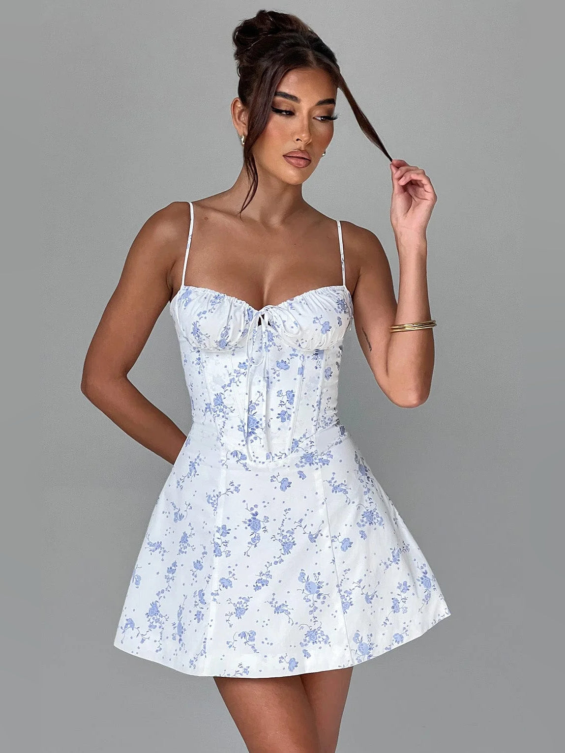 Floral print mini dress with ruched bust and flared A-line skirt