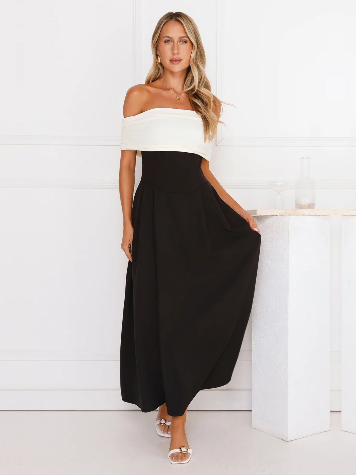 Black a-line maxi formal dress with off-the-shoulder neckline, alternate view