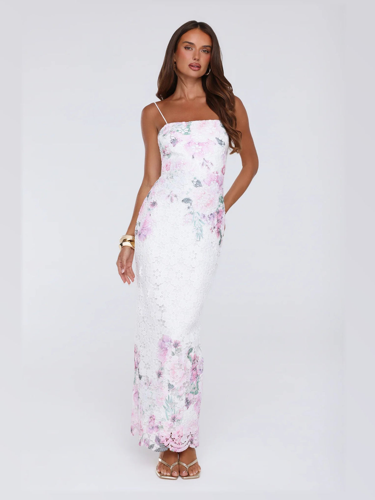 White maxi formal dress, alternate full-length view showing the waistline