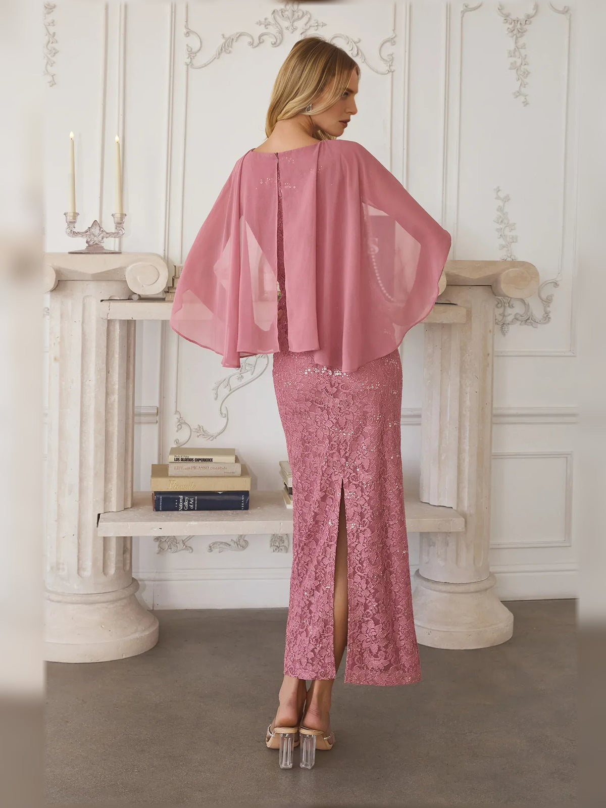 Dusty pink lace midi sheath dress with slit, sheer cape sleeves, back view