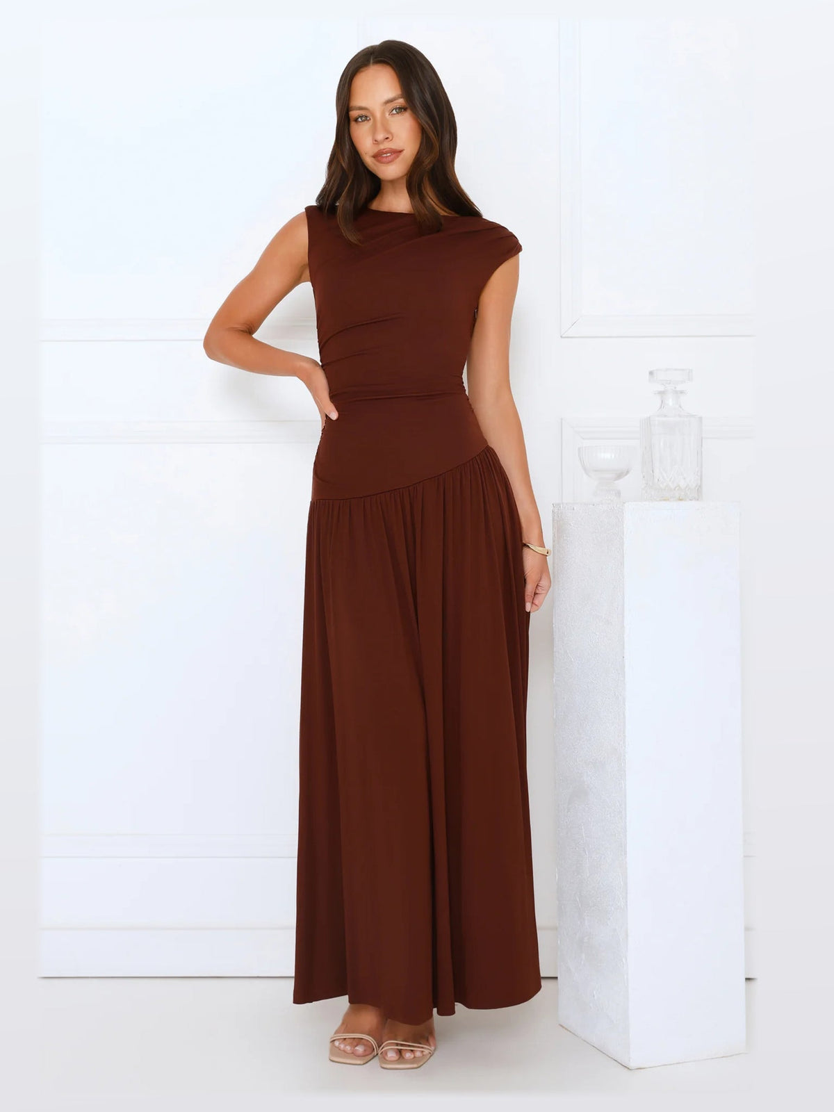Brown maxi formal dress, alternate full-length view showing the waistline