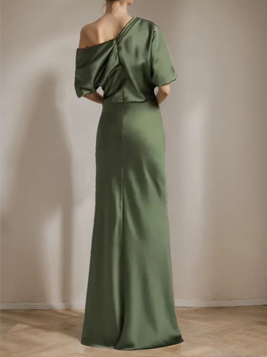 Clover green one-shoulder satin mermaid gown with ruched drape and short sleeves