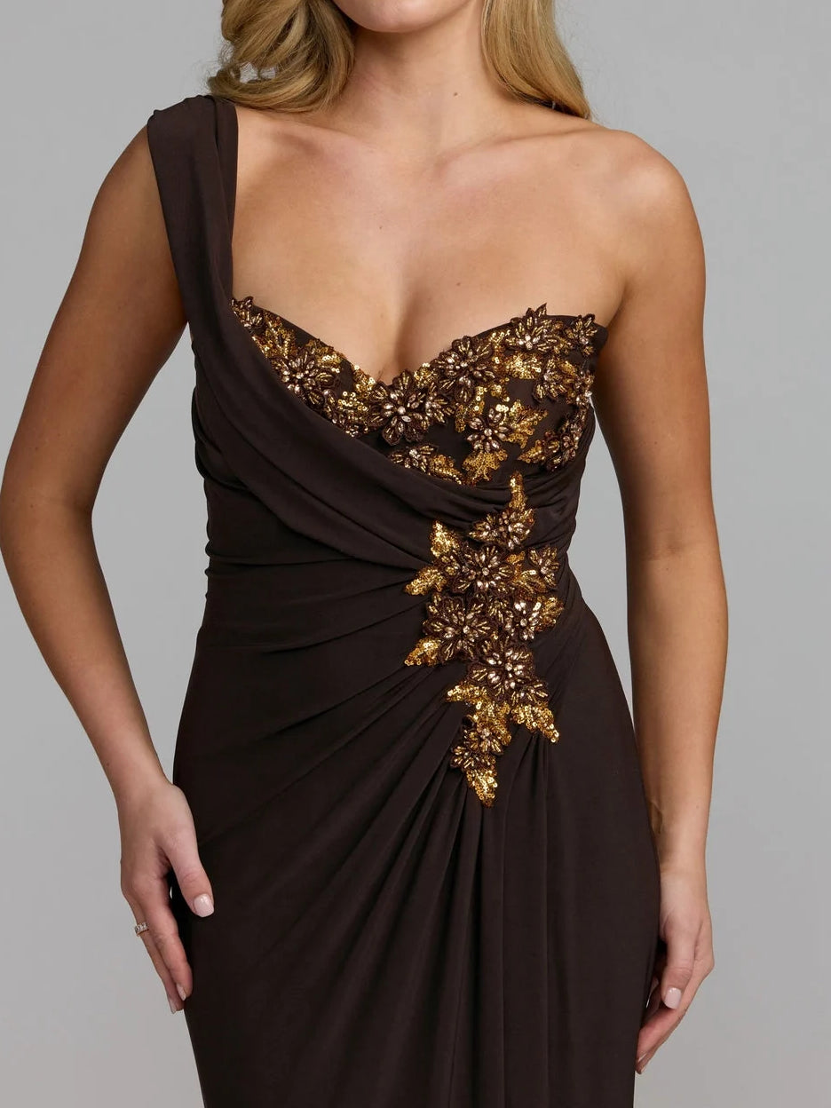 One-shoulder floral-embellished ruched sheath floor-length dress