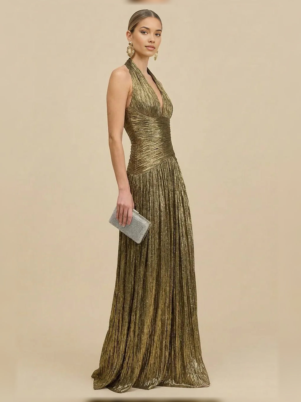 Gold halter neck pleated formal dress, floor-length, side view
