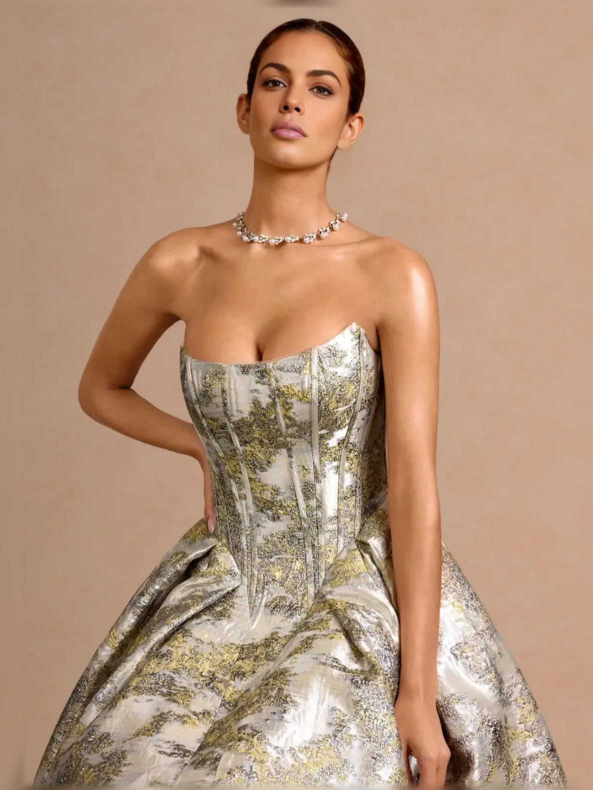 Sweetheart corset tea-length formal dress, metallic silver-gold brocade with textured sheen