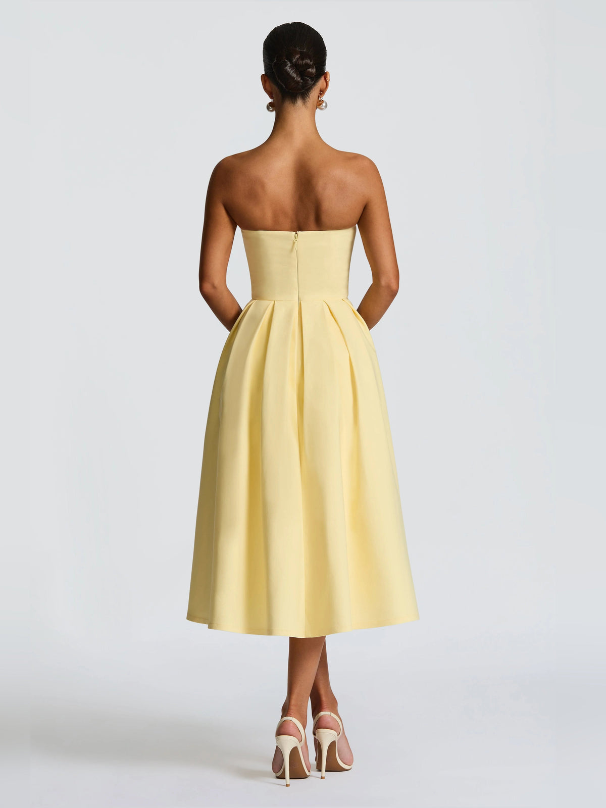 Lemon strapless midi formal dress with open back and pleated A-line skirt