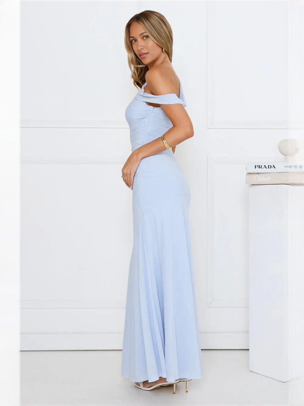 Sky blue ruched one-shoulder maxi sheath dress with draped off-shoulder neckline