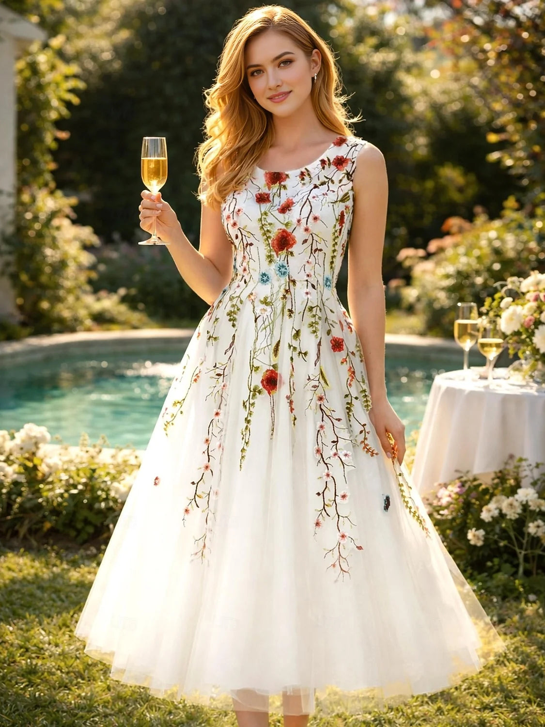 Ivory sleeveless embroidered floral tulle midi A-line prom dress with round neckline