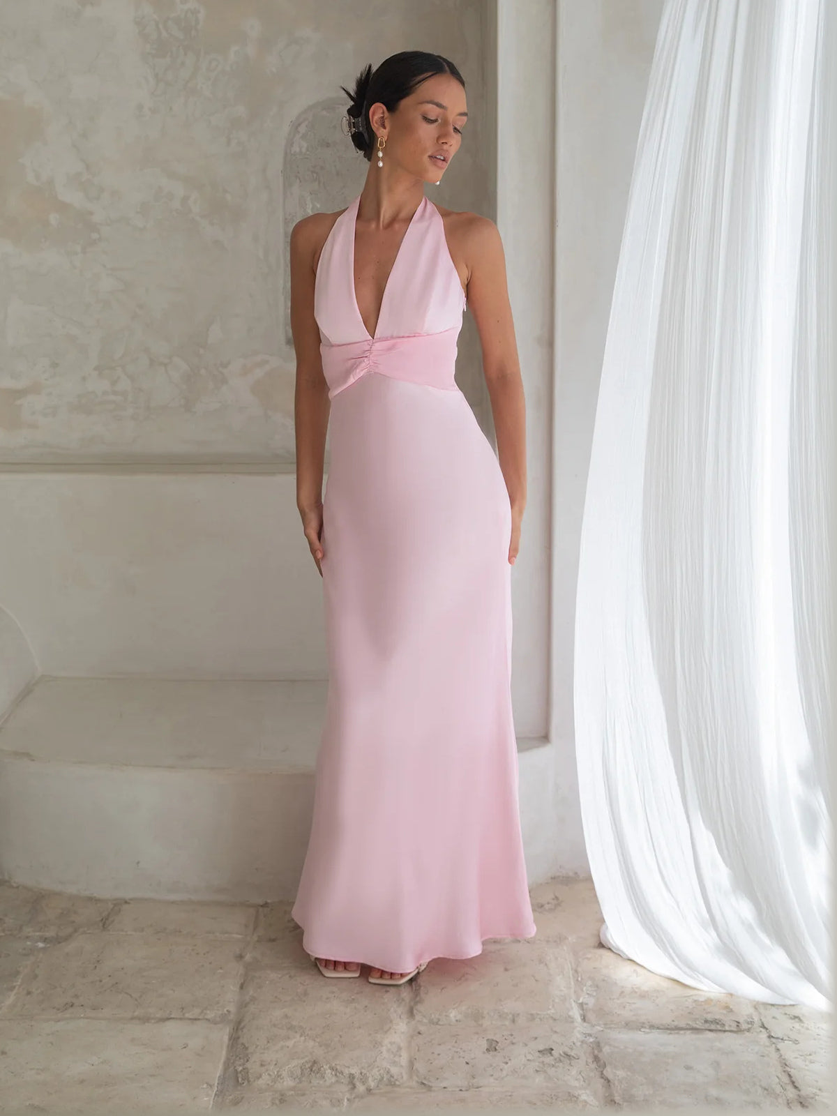 Pink maxi formal dress, alternate full-length view showing the waistline