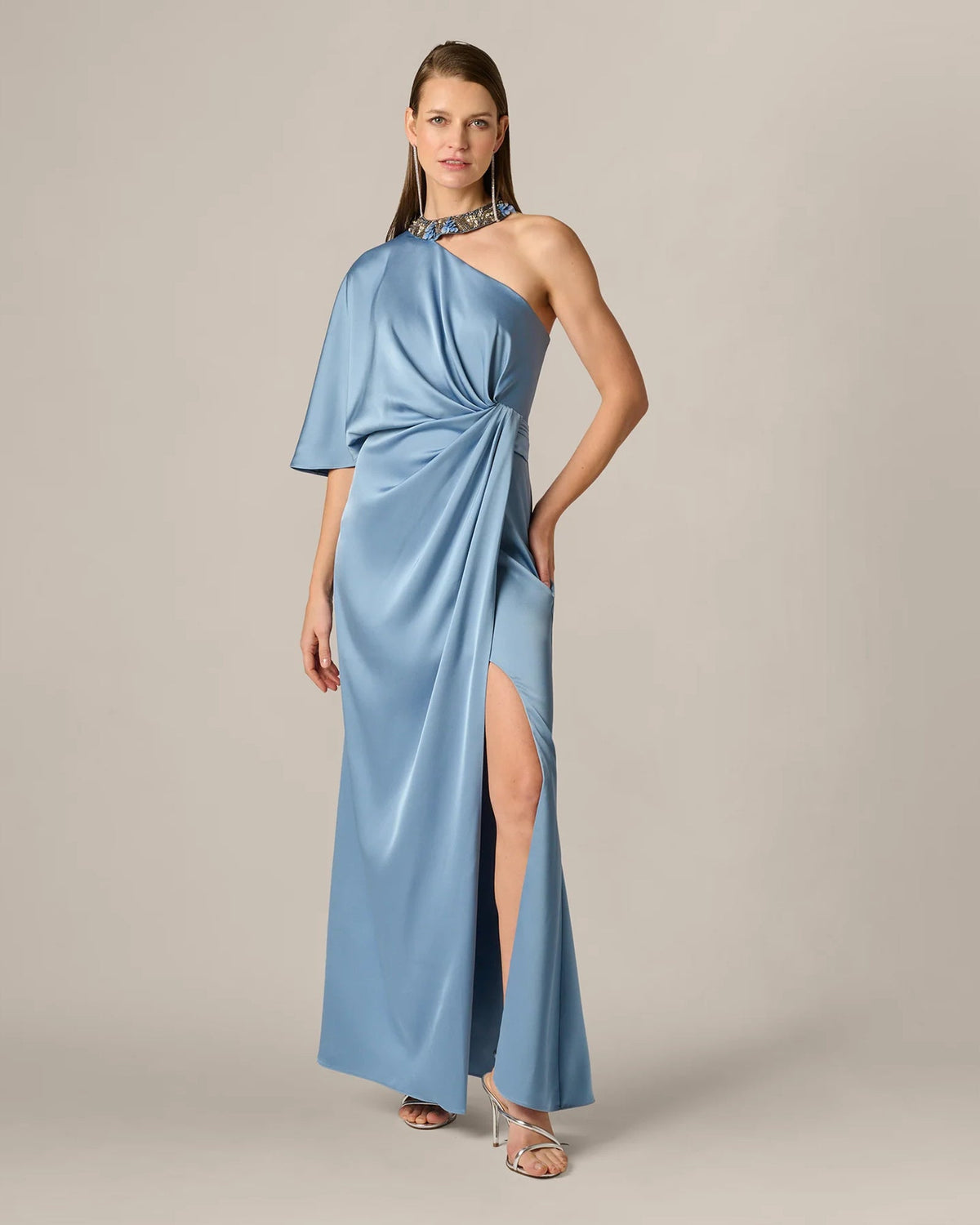 Light blue one-shoulder maxi A-line dress with side slit and flutter sleeve detail
