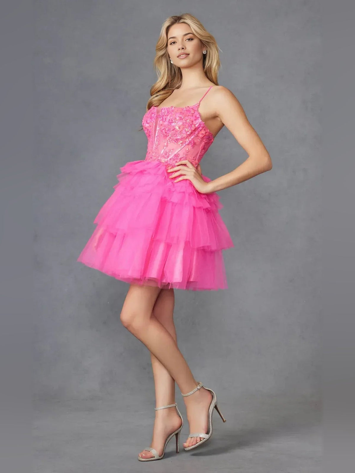 Hot pink corset sweetheart A-line short tulle dress with tiered ruffle skirt and straps