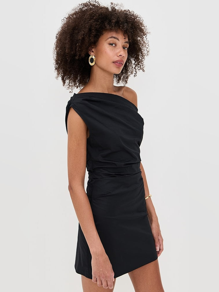 Black one-shoulder ruched mini dress with draped shoulder fold and short hem