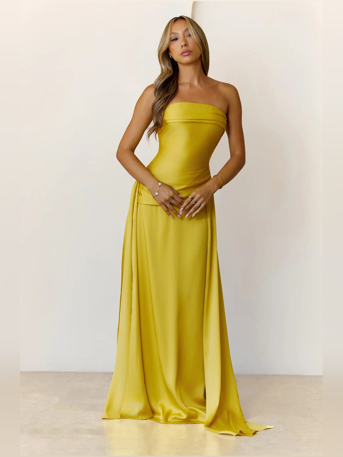 Lime a-line maxi formal dress with strapless neckline, alternate view