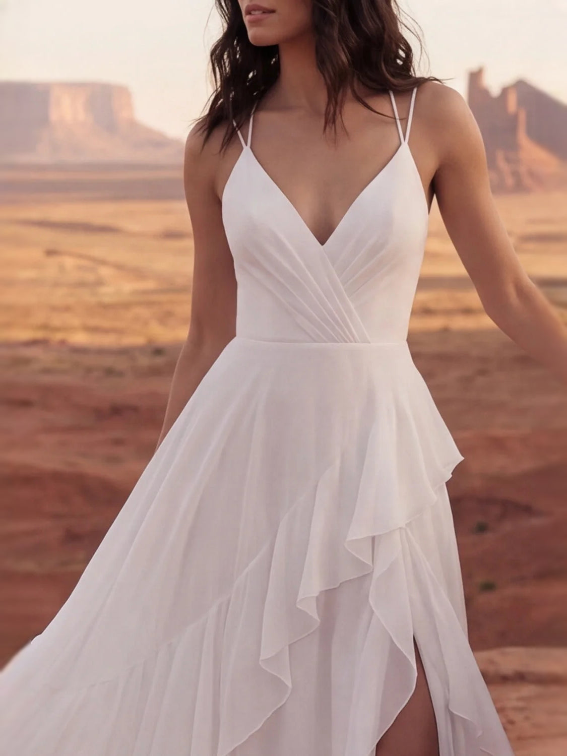 Ivory V-neck chiffon wedding dress with draped detail and layered ruffle skirt