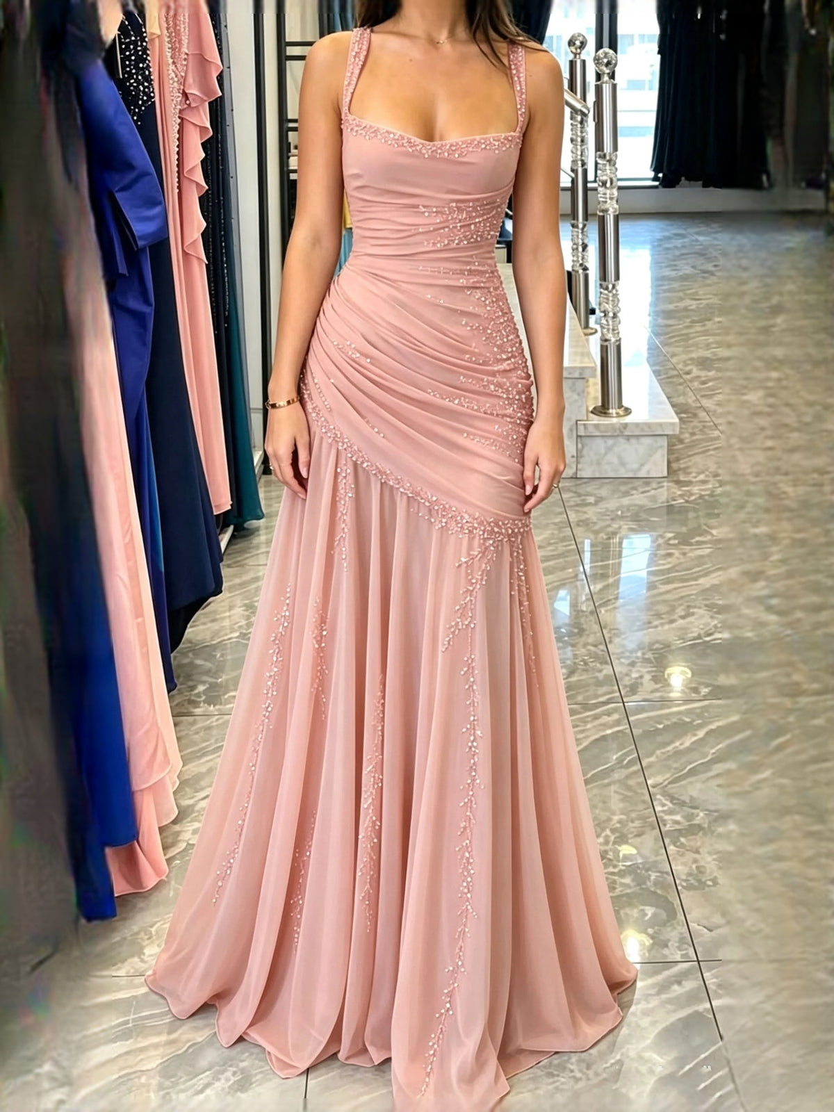 Blush pink ruched square-neck sheath prom dress with sheer drape and beaded hem