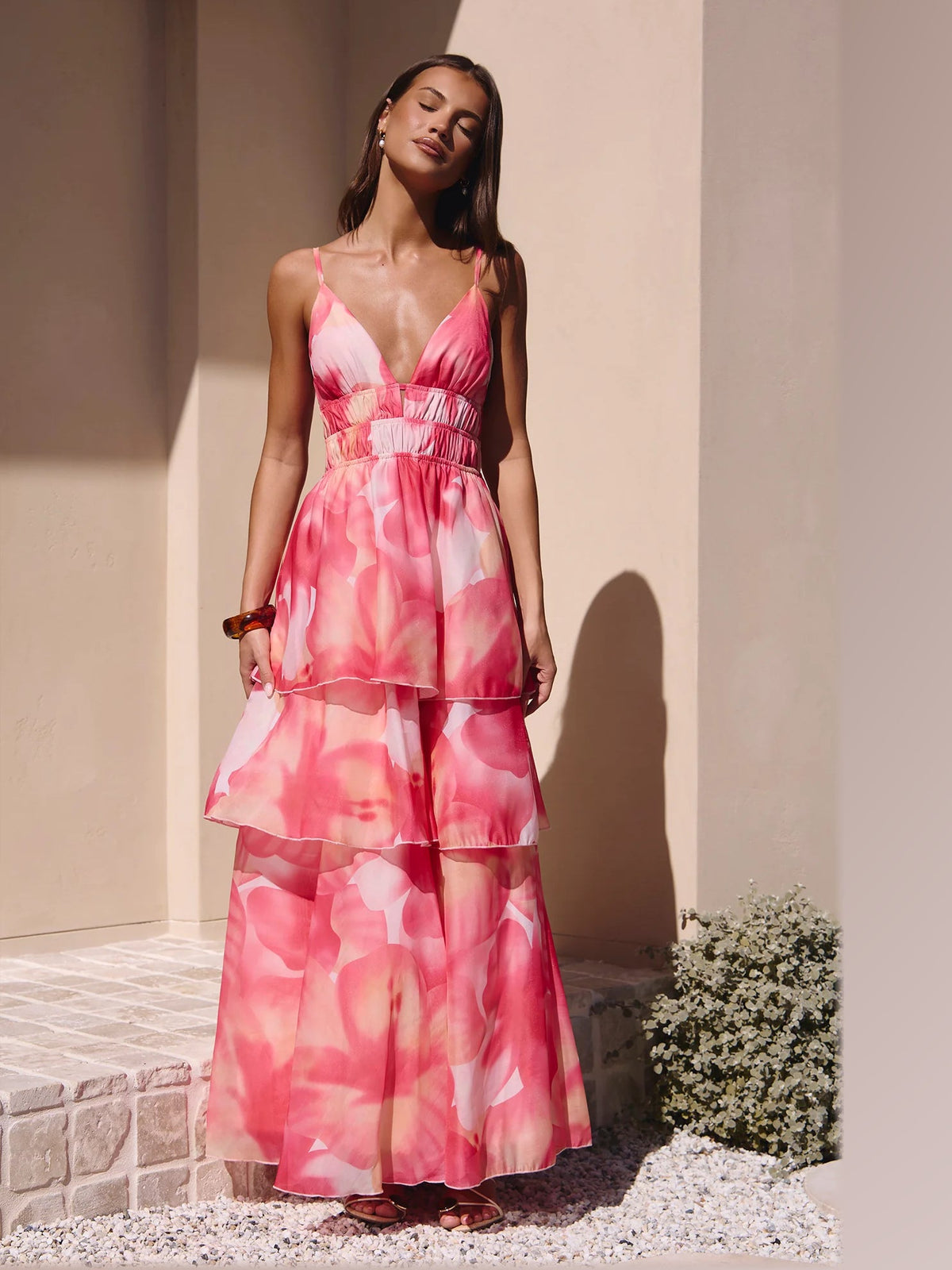 Pink Floral Print maxi formal dress, alternate full-length view showing the waistline