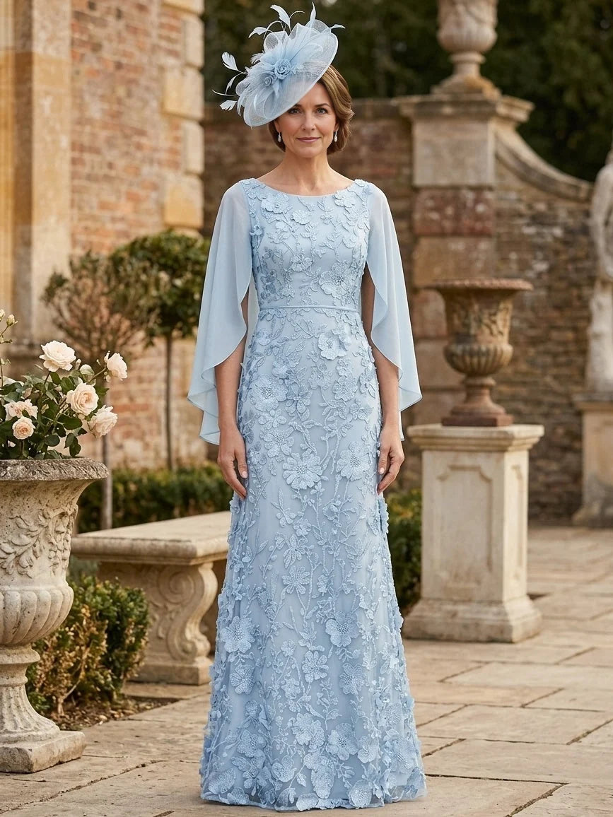 Sky blue floral lace A-line maxi dress with round neckline and flowing chiffon sleeves