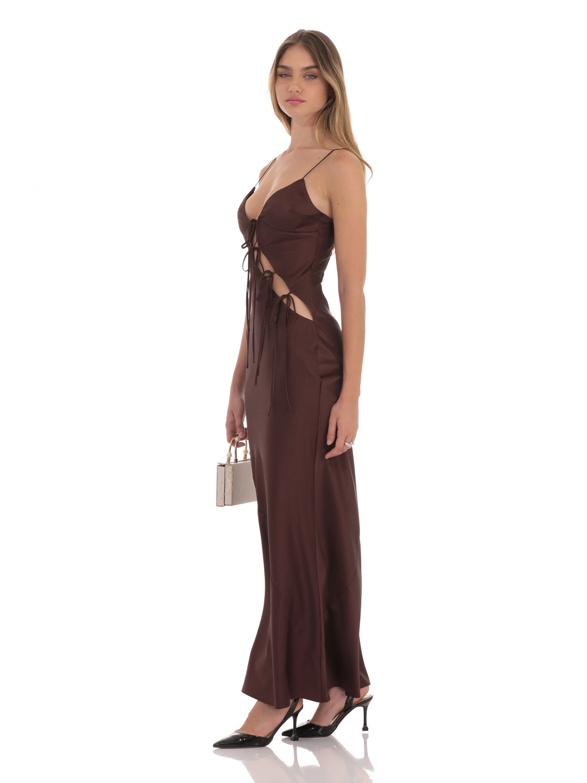 Brown bridesmaid dress with satin construction and maxi hem