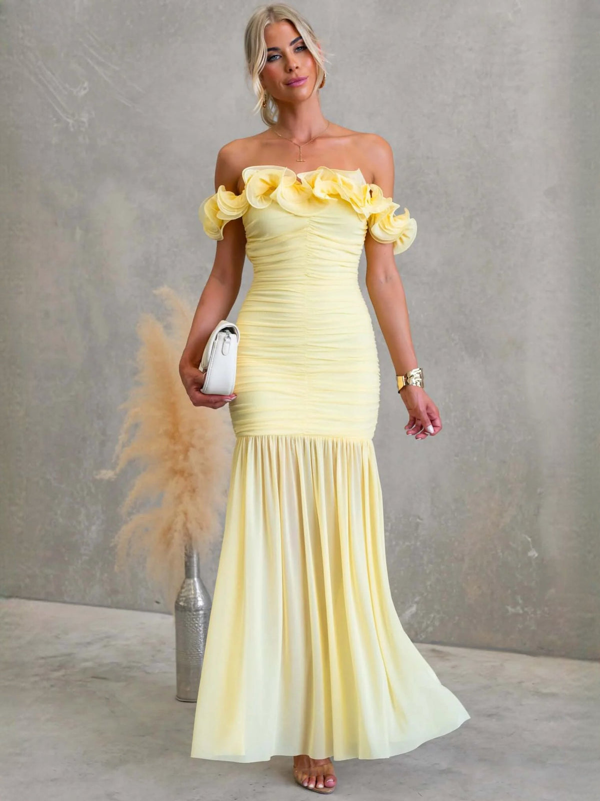 Butter Yellow fit-and-flare maxi formal dress with ruffle details, alternate full-length view