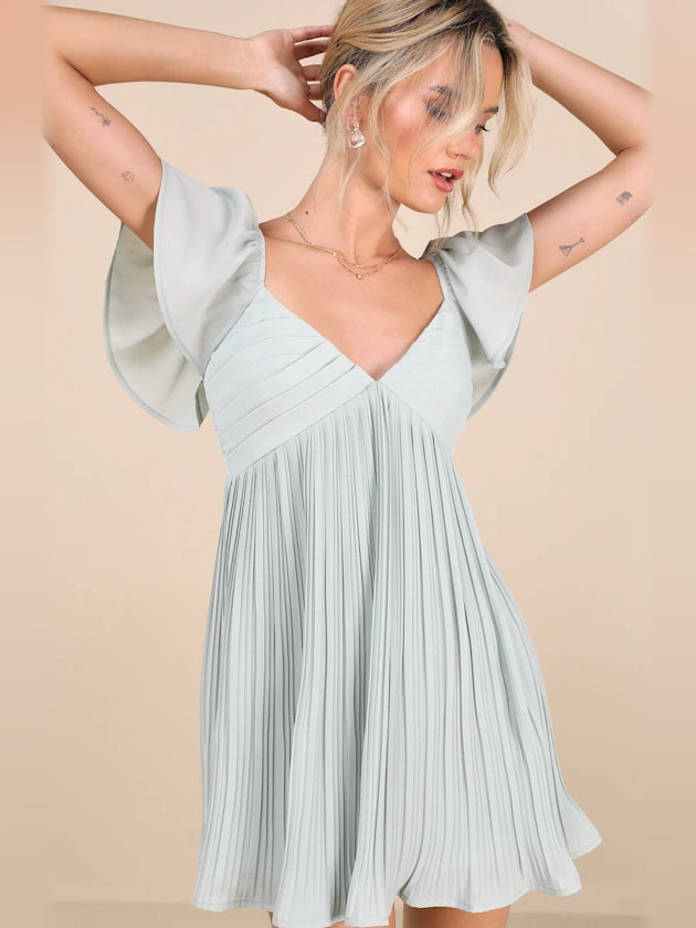 Mint blue pleated mini dress with V-neck and flutter cape sleeves