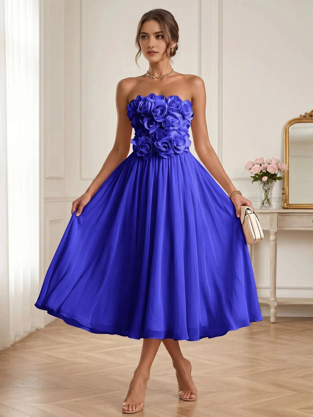 Floral strapless A-line midi chiffon dress in dark blue with rose applique bodice