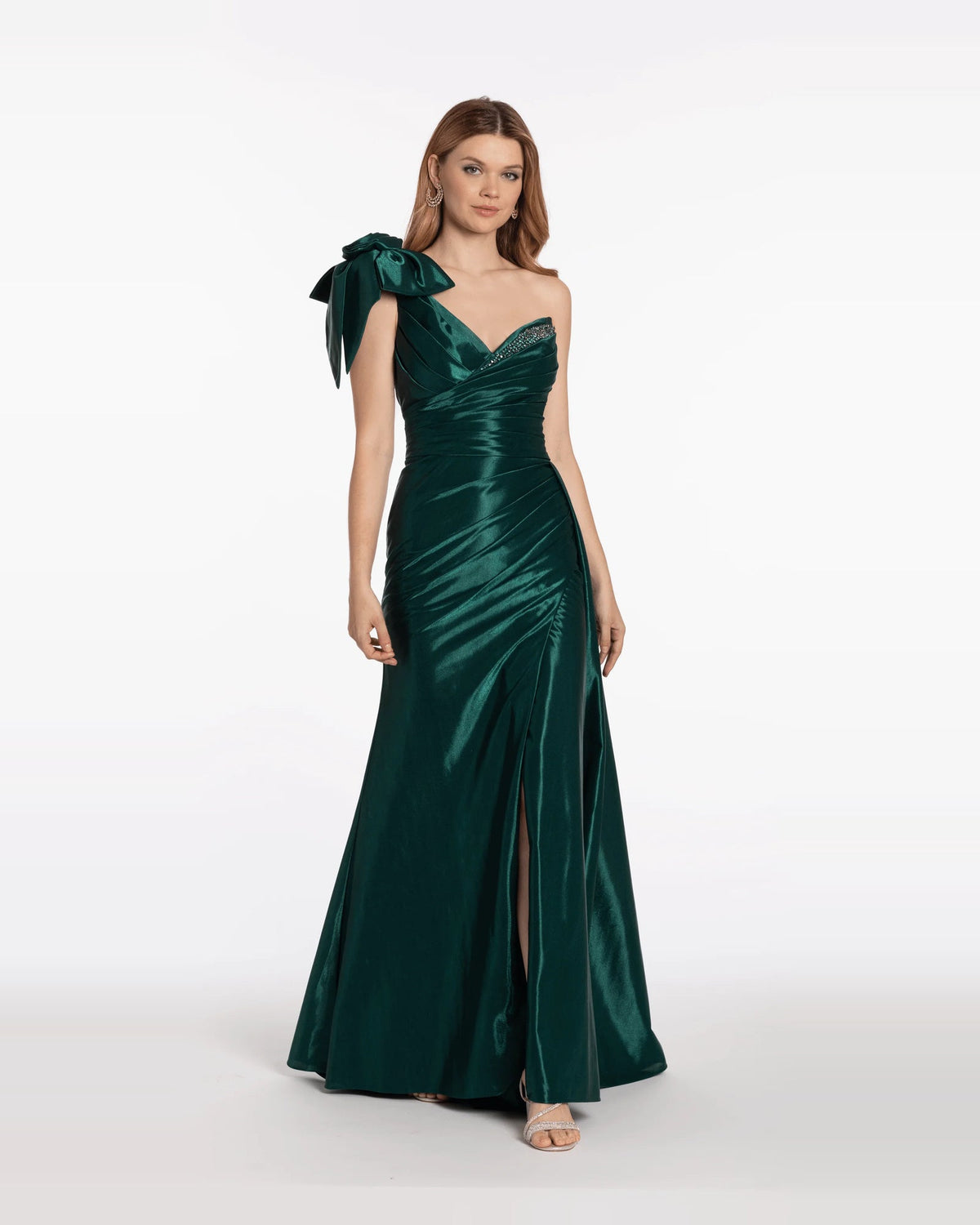 Dark green satin trumpet maxi dress with asymmetrical neckline and front slit
