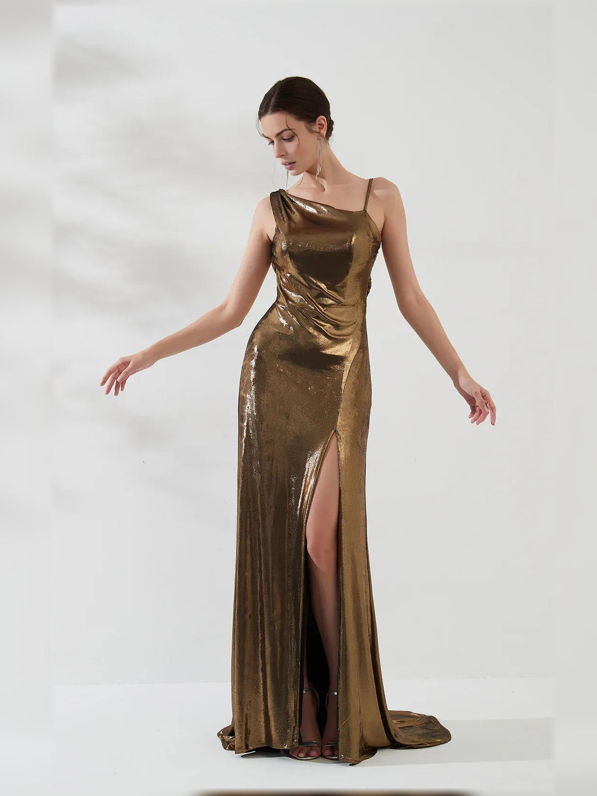 Gold one-shoulder satin mermaid gown, front view with high side slit