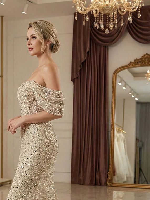Champagne sequin off-shoulder mermaid prom dress with ruffle sleeves, side view