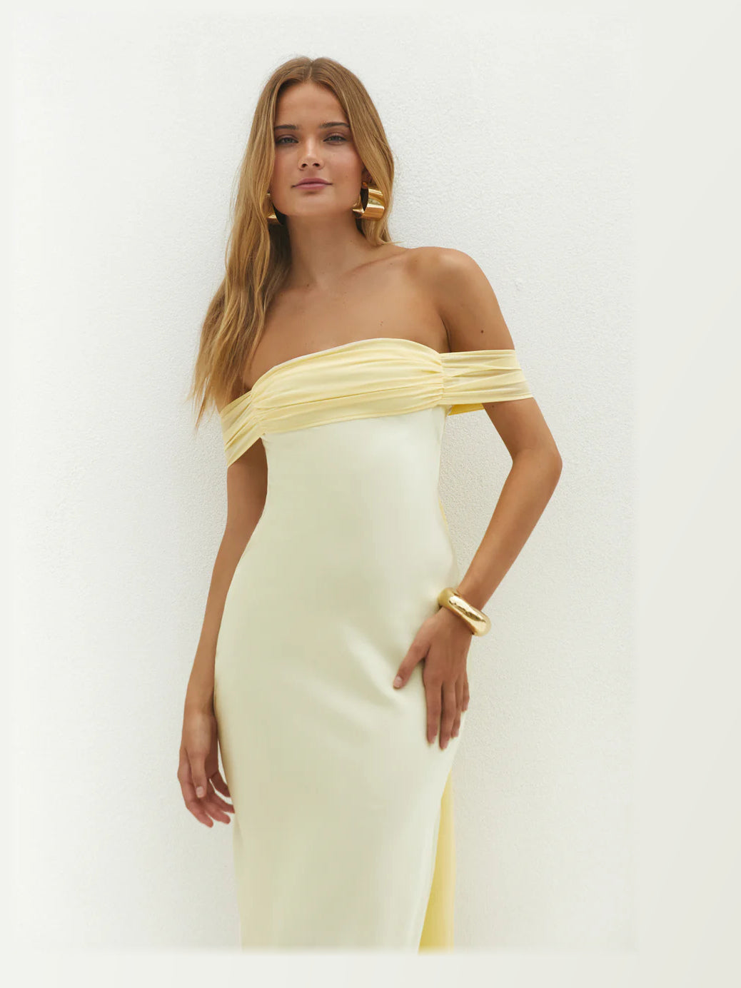 Yellow midi formal dress, alternate full-length view showing the waistline