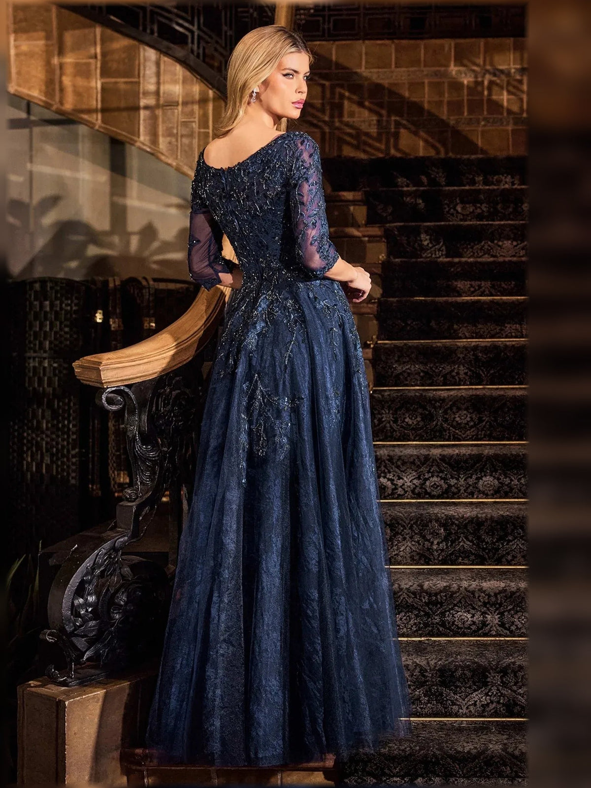 Navy beaded A-line lace formal dress, 3/4 sleeves, rounded neckline, floor-length
