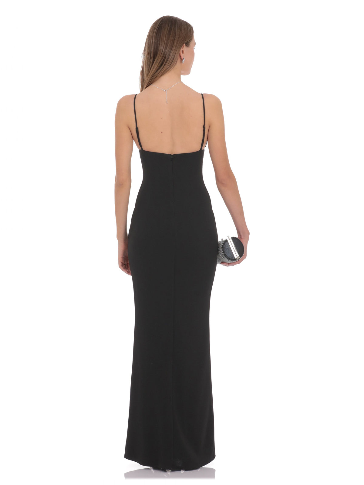Black bridesmaid dress with structured woven fabric construction and maxi hem