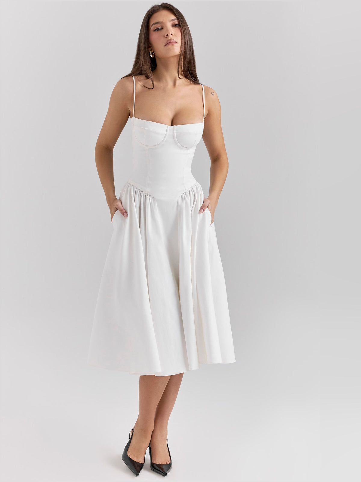 White corset midi formal dress with corset bodice and pleated midi skirt
