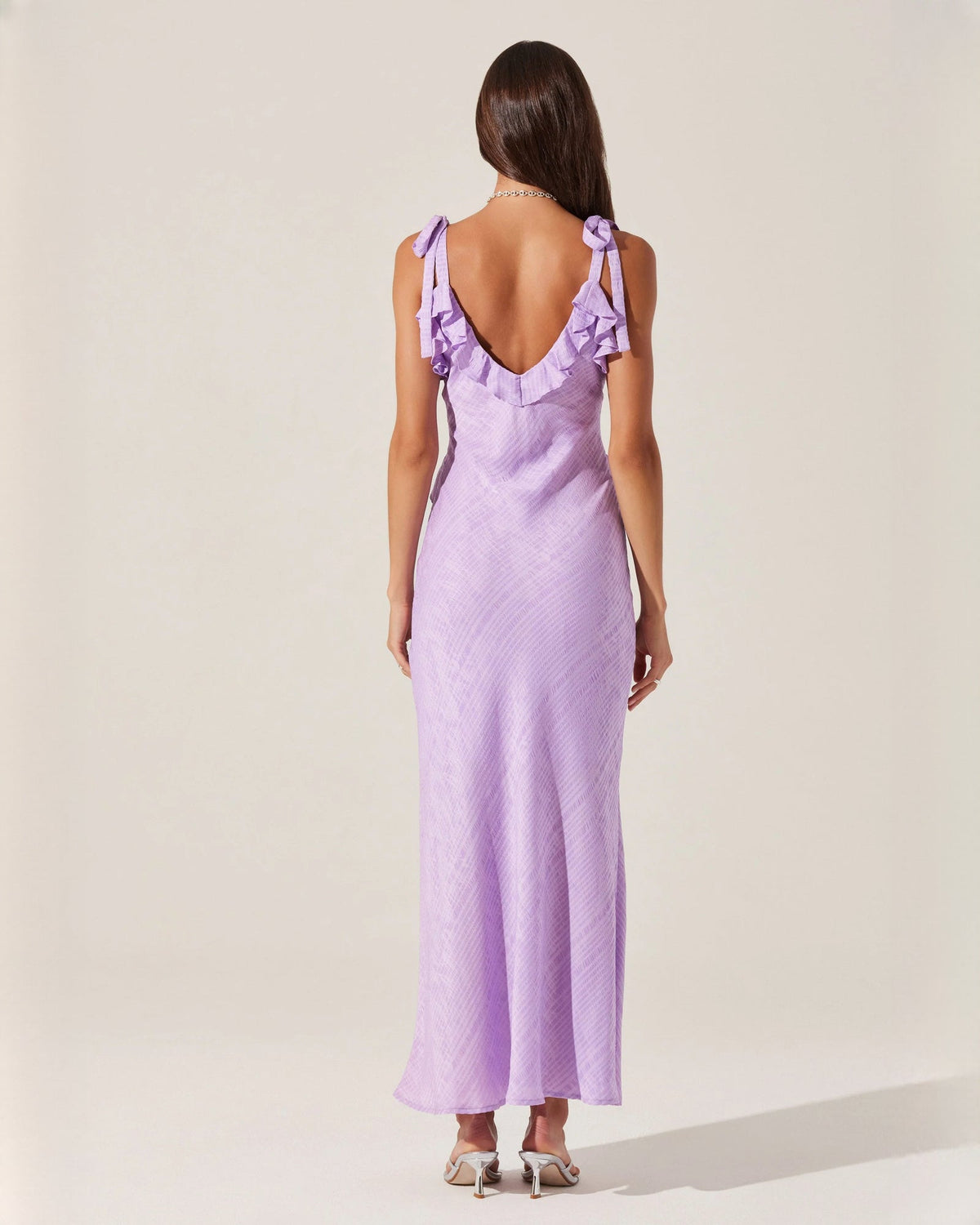 Lilac satin maxi dress, open back with V-back and ruffled shoulder ties