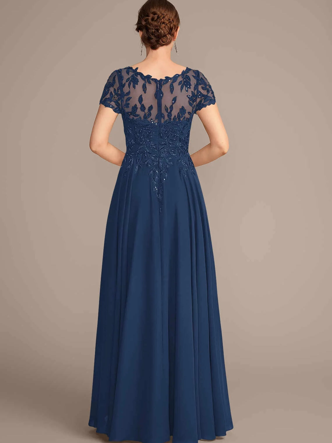 Dark blue A-line chiffon dress with illusion neckline, lace sleeves, pleated skirt